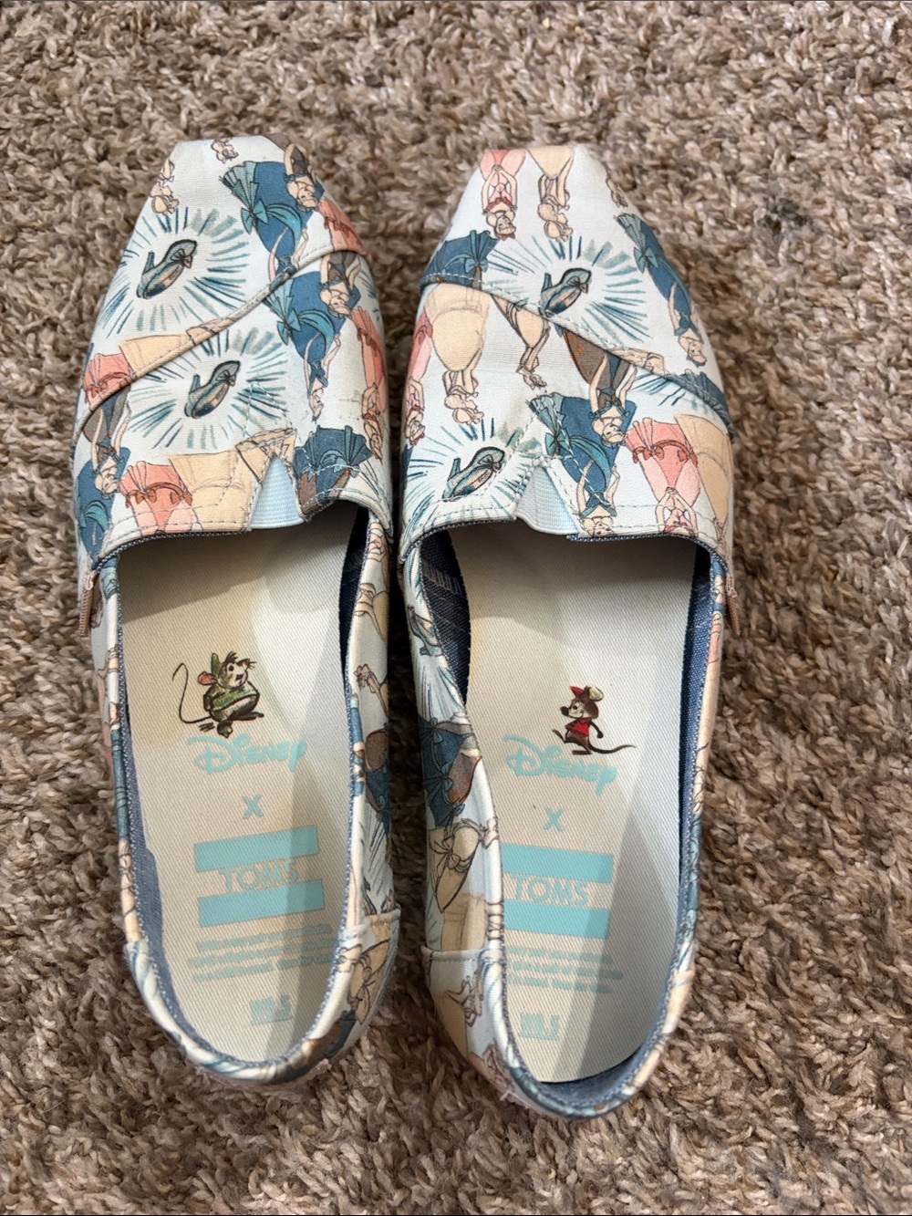 Toms Disney Cinderella Print Slip-On Shoes in White, Blue, Pink, Tan